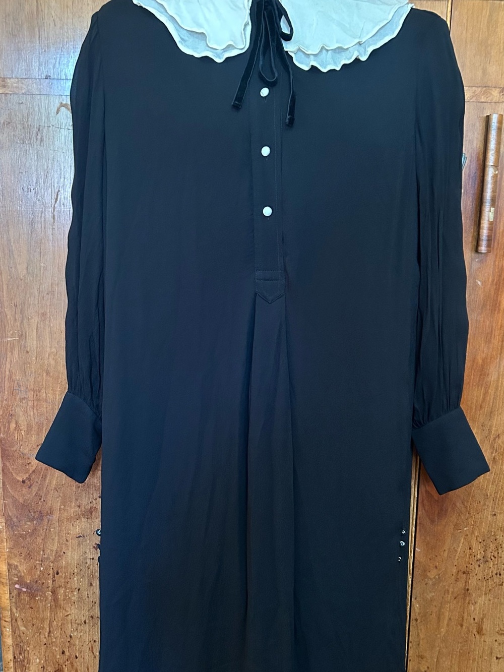 Black Long-Sleeve Chemise Dress with Ivory Double Scalloped Collar velvet bow